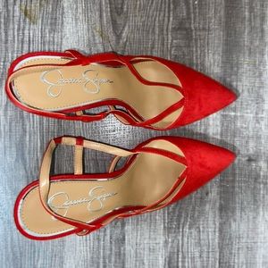 Red sling back pumps heels
